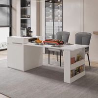 Table de salle à manger rectangulaire en bois massif crème avec îlot central, comptoir intégré, plateau tournant rétractable et espace de rangement pour cuisine moderne ou bar