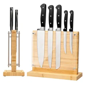 Magnetic Knife Block Double Side Knife Holder Bamboo Knife Stand for Kitchen Cutlery Display Rack and Organizer with Acrylic