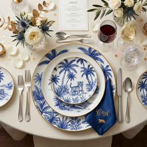 Juego de Vajilla de Cerámica Personalizado al por Mayor, Plato de Porcelana con Diseño de Tigre, Borde Dorado de Lujo, Juego de Vajilla de Porcelana China Blanca y Azul con Diseño de Selva - Product Image 1