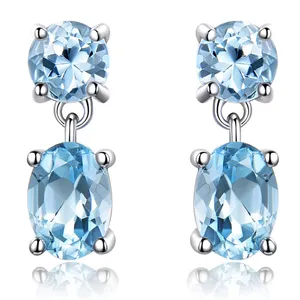 Murni 925 Sterling Silver Drop Earrings untuk Wanita Oval Segi Langit Biru Topaz Anting Batu Permata Hadiah Natal Perhiasan