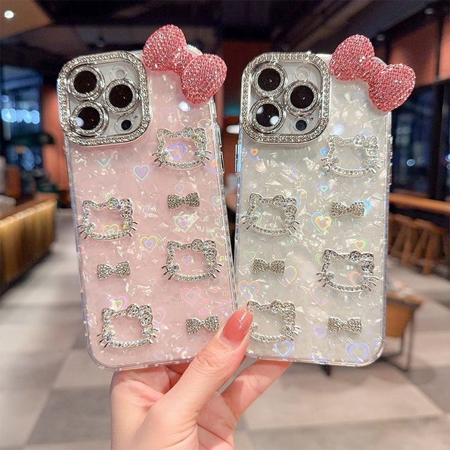 For 17 Pro Max Bow Cat Design Phone case Rhinestone protection Shockproof Phone Cover for iphone 16 15 14 13 Korean Style Custom