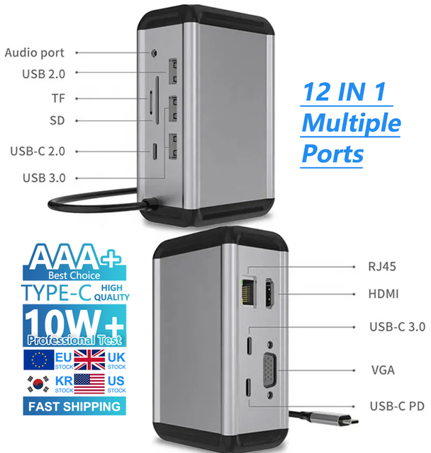 12 in 1 USB C HUB Type C Adapter to 4K HD VGA RJ45 Lan SD/TF Hub 3.5MM AUX 12 Port Dock Station PC Laptop