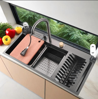 Évier de cuisine intelligent multifonction à double bac en acier inoxydable 304, cascade, noir, moderne, de luxe, à prix d'usine