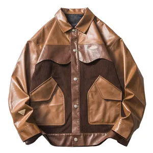 Custom Pu Leather Jacket Patchwork Street Baseball Uniform Hiphop Loose Couple Casual Leather Varsity Jacket