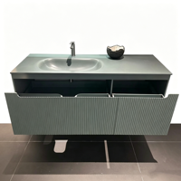 Meuble-lavabo mural flottant en acrylique vert style vintage américain avec vasque intégrée pour villa