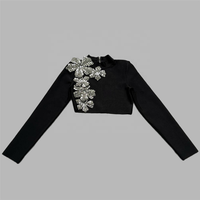 Ensemble Robe Bandage Chic Noir Deux Pièces pour Femme : Haut à Manches Longues Orné de Fleurs et de Diamants & Jupe Moulante à Effet Bandage – Vente en Gros