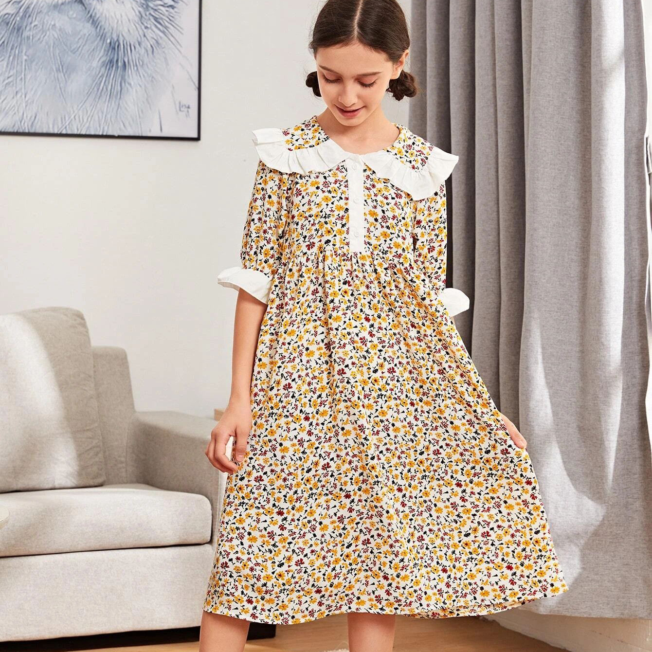 Детские ночные рубашки с цветочным принтом, с воланом на рукавах, с воротником «Питер Пэн», ночная рубашка для маленьких девочек