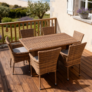 Ngoài trời <span class=keywords><strong>wicker</strong></span> ăn uống thiết lập cho <span class=keywords><strong>6</strong></span>, tùy chỉnh màu sắc và phong cách, tất cả thời tiết Patio đồ nội thất với mây Bàn và ghế - Product Image 1