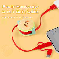 Kabel pengisi daya 3 in 1, desain Hamburger lucu Multi Usb C dapat ditarik