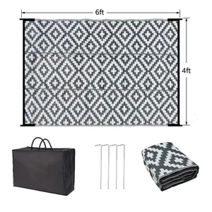4x 6英尺灰色和白色多用途可折叠野餐垫房车户外地毯，用于野营防紫外线和耐候露台地毯