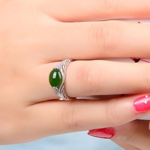 Natural Hetian Jade Ring Women Platinum Plated Green Chalcedony Bezel Setting Open Ring Gift Jewelry - Product Image 4