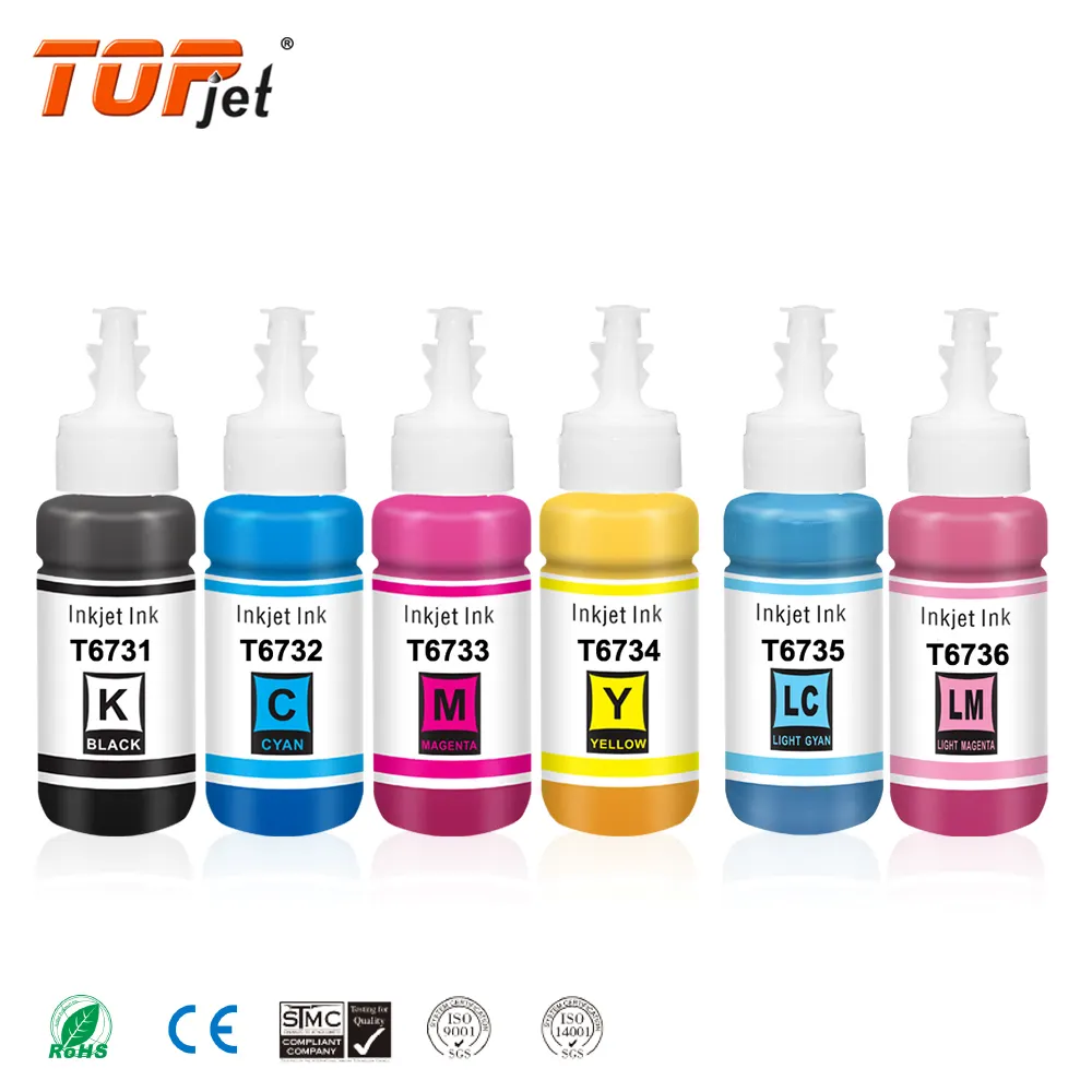 Topjet 70ml 673 T673 T6731Color Kits de recarga de botellas a granel Tinta Dye Tintas compatibles con impresoras de inyección de tinta Epson L800 L805 L1800