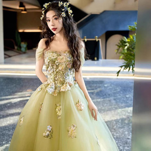 Flower Fairy Evening Gown Green Off-Shoulder Tulle Dress Empire Waistline Coming Of Age Ceremony Princess Style - Product Image 2
