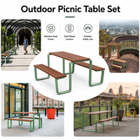 Table de pique-nique modulaire d'extérieur avec bancs, en acier perforé et lattes de bois, ensemble de mobilier de jardin, table à manger stable en acier galvanisé