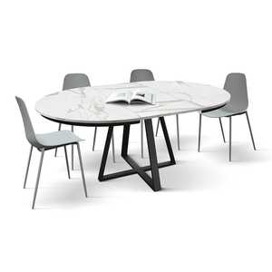 Pamela <b>Round</b> Extendable Dining <b>Table</b> 120-170 Cm <b>White</b> Statuary Marble Top Metal Base Indoor Use - Product Image 6