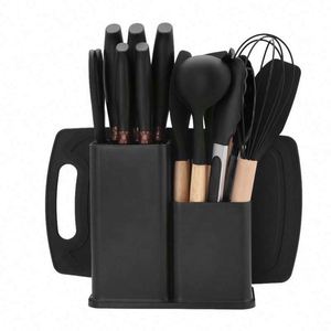 19 Pcs Silicone <b>Kitchen</b> Utensil Set With Wooden Handle Cooking <b>Tools</b> Knife Cuttings Board Storage Bucket <b>Kitchen</b> <b>Gadgets</b> Set - Product Image 6