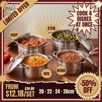 Ensemble de 4 grandes casseroles 20, 22, 24, 26 cm – Pots profonds pour plus de soupe, couvercles en acier inoxydable incassables, poignées tubulaires – Idéal pour cuisinière à gaz, cuisine domestique