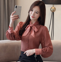 Chemise à manches lanternes tendance pour femmes, automne-printemps, col à nœud, boutonnage simple, chemises de travail de bureau, chemises à carreaux vintage