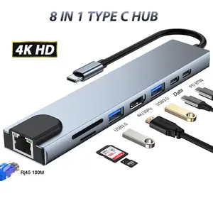 Concentrador de red Usb tipo C 8 en 1, lector de tarjetas Sd / Tf para Macbook Pro, estación de acoplamiento, 4K, UHD, Rj45, Ethernet, Usb 3,0, puertos