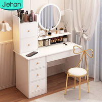 Coiffeuse blanche au design moderne et simple avec dessus en verre, ensemble de coiffeuse de maquillage avec miroir et commode légère à bas prix