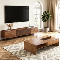 Soporte de TV de madera de nogal moderno de mediados de siglo y juego de mesa de centro con luz táctil y almacenamiento de apertura para salas de estar grandes