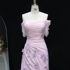 Sharon zei SF313 elegante roze satijnen ruches 3D bloemen schouderloze lange avondjurk bruiloft formele feestjurk gala gast - Product Image 3