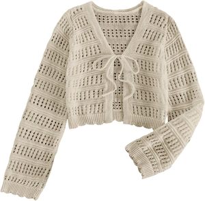 <span class=keywords><strong>SHENHE</strong></span> Cardigan court en maille bohème ajouré à nouer sur le devant pour femme, 100 % polyester avec doublure en laine, idéal pour l'été - Product Image 6
