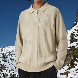 Nouveauté Pull d'hiver à manches longues pour homme de haute qualité en viscose/polyester 420g, tricot jacquard uni avec logo frontal, anti-boulochage - Product Image 3