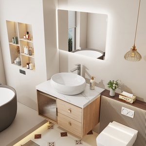 Wooden colored rock slab countertop basin intelligent <b>mirror</b> cabinet <b>wall</b> mounted bathroom cabinet - Product Image 1