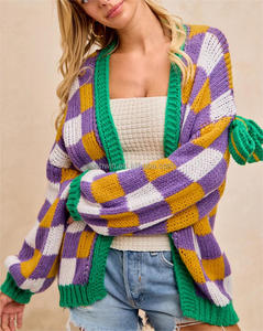 Femmes décontracté Mardi Gras damier nœud décor ouvert Cardigan pull hiver saison avant Logo goutte épaule coupe ample - Product Image 5