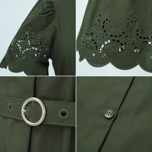 <span class=keywords><strong>Abito</strong></span> <span class=keywords><strong>Midi</strong></span> da Donna 100% Cotone <span class=keywords><strong>Verde</strong></span> Militare con Scollo a V, Maniche a Sbuffo, Bottoni, Linea ad A, Tinta Unita, Casual Estivo con Cintura - Product Image 4