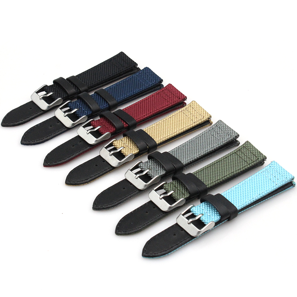 20mm Luxury Two Piece Watchband Quick Release Leather + Fabric Canvas Cordura Watch Straps Khaki Green Wrist Band