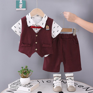 Nouvelle tenue d'été décontractée trois pièces pour garçons YouYue 2025, style britannique, en coton/soie peignée, pour 1-5 ans, comprenant gilet, chemise et short - Product Image 2