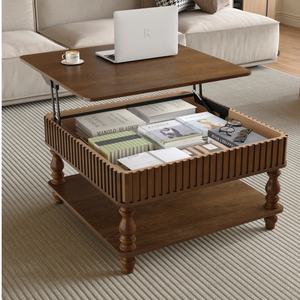 31.5 Inch Square Fluted Lift-Top <b>Coffee</b> <b>Table</b> With Hidden Storage Hydraulic Raising Mechanism Retro Solid Wood Legs - Product Image 3
