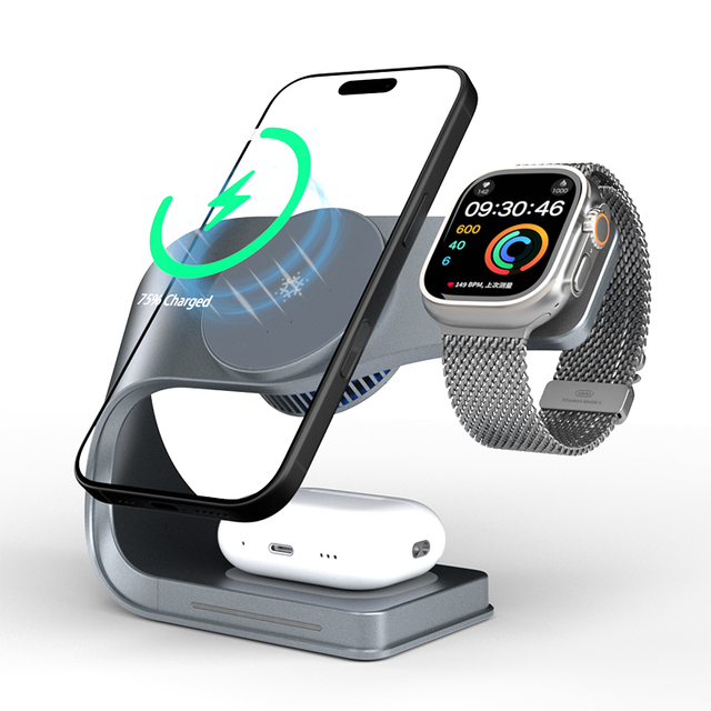 Magnetic Attachment Wireless Charger Stand 3 in 1 15W Fast Charge Active Cooling for iPhone Android for Samsung Phone
