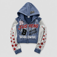 Veste à capuche pour homme avec manches amovibles, patchwork contrasté, décoration en strass, couleur de logo personnalisée, sweat-shirt streetwear