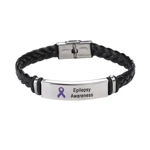 Unique Design Stainless Steel And Braided Leather Making Purple Ribbon Inspired Epilepsy Awareness Jewelry Bracelet