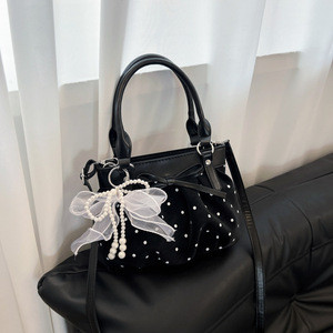 Women Polka Dot Handbag Pleated <b>Bow</b> Decor Small Tote Bag Removable Strap Crossbody Shoulder Bag For Daily Use - Product Image 2