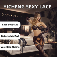 Yicheng 2026 Lingerie Sexy Érotique Exclusive pour la Saint-Valentin, Combinaison en Dentelle Jacquard Noire Respirante Sans Couture en Maille Serpent pour Femme