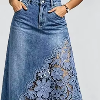 Jupe longue en jean taille haute à patchwork floral en dentelle pour femme, style bohème, coupe trapèze, chic, streetwear, vente en gros de vêtements