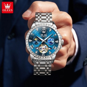 Montre automatique pour homme OLEVS 6712, luxe, squelette, double calendrier, phase de lune, étanche, lunette sertie de diamants, montres mécaniques pour hommes - Product Image 4