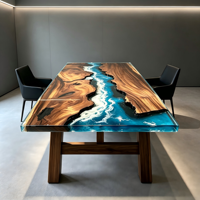 Table de salle à manger artisanale en noyer avec résine époxy effet vague océanique, bord naturel en bois massif, table en résine marine pour villa et restaurant
