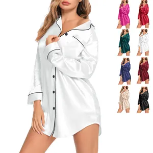 Vente en gros Vêtements de nuit pour femme en satin de soie bambou et coton Chemise de nuit boutonnée Robes de nuit Pijamas Chemise de pyjama pour femmes