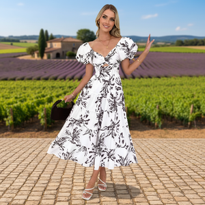 Nouvelle collection Printemps/Été 2026 transfrontalière Europe-Amérique, Robe vintage élégante en mousseline de soie, coupe ajustée, imprimée, à manches bouffantes, avec ourlet ample et antistatique - Product Image 4