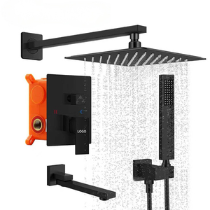 Système de douche mural dissimulé moderne 3 voies en cuivre noir mat avec pommeau de douche pluie, double poignée, cartouche céramique, garantie 5 ans - Product Image 1