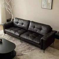 Mid-Century 4-Punkt-Knopfheftung Vollnarbenleder 3-Sitzer-Sofa mit Schlanken Chrom-Metallbeinen