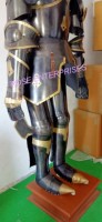 Armure complète en acier inoxydable de chevalier croisé médiéval avec base en bois, cornes de guerrier portables pour cadeaux