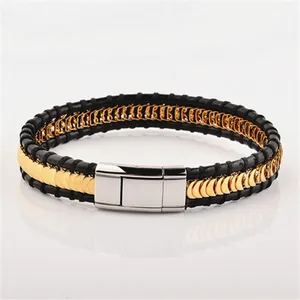 Wholesale Punk Style Stainless Steel Jewelry Real 18K Gold Bracelet Men Leather