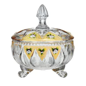 Arabic Style Crystal Glass Candy Jar Luxury Gold Enamel Storage Bowl with Lid and Three Legs