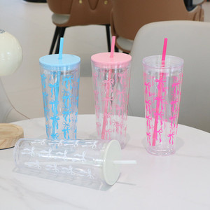 Tazza di paglia a doppio strato in plastica con papillon a colori con stampa trasparente tazza da caffè Casual per auto bicchiere dritto con coperchio in paglia - Product Image 2